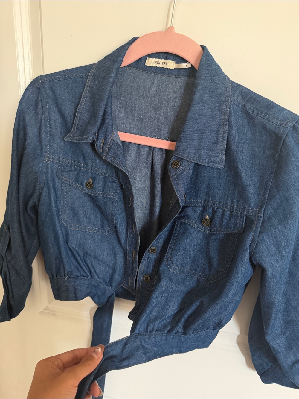 Poetry Denim Tie-Waist Cropped Jacket - Blue - Picture 7 of 7